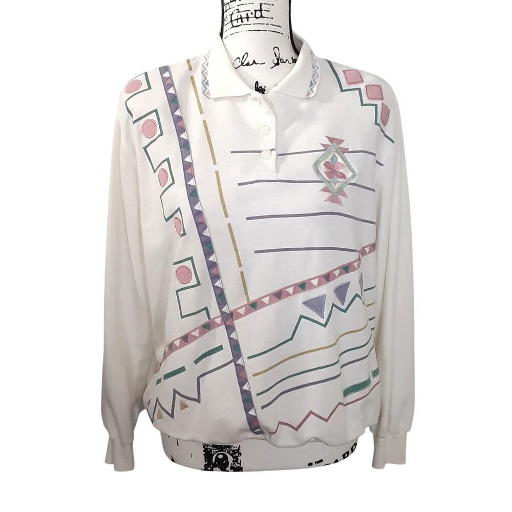 Vintage 80s Collared Sweatshirt Embroidered Art Teacher Quirky Women M Geometric